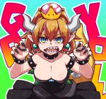  1girl background_text bangs bare_arms bare_shoulders black_collar black_dress black_nails blonde_hair blue_eyes borrowed_design bowsette bracelet breasts brooch claw_pose cleavage collar collarbone commentary_request constricted_pupils crown dress earrings eyebrows_visible_through_hair eyelashes eyes_visible_through_hair fingernails forked_eyebrows green_background green_earrings grey_horns hands_up high_ponytail highres horns jewelry large_breasts light_blush long_fingernails long_hair looking_at_viewer mario_(series) multicolored multicolored_eyes nail_polish new_super_mario_bros._u_deluxe nintendo open_mouth outline parted_bangs pointy_ears princess rom sapphire_(gemstone) sharp_fingernails sharp_teeth solo spiked_armlet spiked_bracelet spiked_collar spiked_shell spiked_tail spikes strapless strapless_dress super_crown tail tail_raised teeth thick_eyebrows tsurime turtle_shell upper_body very_long_fingernails white_outline 