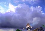  animal_ears bad_id bad_pixiv_id broom brown_hair building cloud cojibou green_eyes highres house leaf original short_hair sky smile solo storm_cloud wombat 