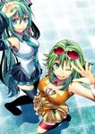  blue_eyes detached_sleeves from_above goggles goggles_on_head green_eyes green_hair gumi hatsune_miku long_hair multiple_girls necktie one_eye_closed shiomizu_(swat) skirt smile thighhighs tongue twintails very_long_hair vocaloid 