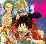  3boys black_hair blonde_hair facial_hair formal goatee green_hair hair_over_one_eye headphones lowres male male_focus monkey_d_luffy mouth_hold multiple_boys musical_note one-eyed one_eye_closed one_piece open_clothes open_shirt red_shirt robe roronoa_zoro sanji sash scar shirt smile suit trio wink 