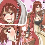  :o :q blush breasts brown_dress cleavage cleavage_cutout cloak dress drooling hood hooded_cloak large_breasts long_hair long_sleeves maou_(maoyuu) maoyuu_maou_yuusha parted_lips red_eyes red_hair reimaco saliva sitting smile surprised tongue tongue_out translated 