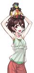  :d armpits arms_up bad_id bad_pixiv_id casual matsuryuu object_on_head open_mouth robot robotics;notes senomiya_akiho short_hair simple_background smile solo white_background 