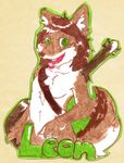  arun badge canine clothed clothing coyote cute green_eyes guitar half-dressed hybrid kangaroo leon looking_at_viewer male mammal marsupial open_mouth orange_background plain_background tongue topless 