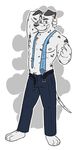  canine clothed clothing dalmatian dog half-dressed happy heterochromia looking_at_viewer male mammal necktie pants slacks sofakinggood solo suggestive topless undressing 