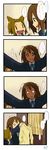  2girls 4koma :d absurdres animal_ears brown_eyes brown_hair comic dated fangs hair_ornament headband highres hirasawa_yui k-on! multiple_girls o_o open_mouth sakuragaoka_high_school_uniform school_uniform short_hair signature smile suan_ringo sweater tainaka_ritsu translated wolf_ears |_| 