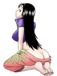  ass barefoot black_hair breasts commentary_request eyewear_on_head feet floral_print from_behind full_body grey_eyes hair_slicked_back hanya_(hanya_yashiki) high_collar highres large_breasts long_hair looking_at_viewer looking_back nico_robin no_panties one_piece shiny shiny_hair short_sleeves sideways_glance simple_background smile soles solo sunglasses toes white_background 