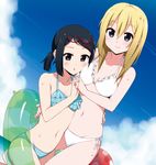  :o beach bikini black_eyes black_hair blonde_hair blue_eyes cheek-to-breast cloud day eyewear_on_head glasses holding_hands innertube k-on! long_hair mousou_(mousou_temporary) multiple_girls navel official_style okuda_nao outdoors saitou_sumire short_hair sky swimsuit water wet 