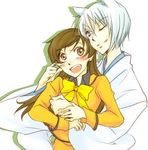  1boy 1girl animal_ears brown_eyes brown_hair kamisama_hajimemashita lowres momozono_nanami pinch pinching purple_eyes simple_background tomoe_(kamisama_hajimemashita) white_hair 