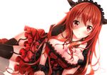  :o black_legwear breast_tattoo breasts cleavage dress frills garter_straps horns large_breasts long_hair maid_headdress maou_(maoyuu) maoyuu_maou_yuusha red_eyes red_hair solo swordsouls tattoo thighhighs wristband 