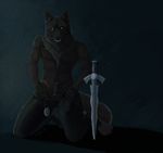  anthro balls black black_fur black_nose black_penis canine erection evil fur gloves green_eyes grin leather looking_at_viewer male mammal naughty nude penis pinup pose raikhan ready realistic shaft snarling sword undressing weapon wolf 