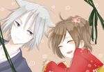  1boy 1girl animal_ears brown_eyes brown_hair japanese_clothes kamisama_hajimemashita momozono_nanami purple_eyes simple_background tomoe_(kamisama_hajimemashita) white_hair 