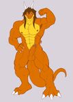 abs anthro balls beefcake biceps big_muscles claws dragon erection fangs flexing hair horn looking_away male muscles mutant_serpentina nipples nude paws pecs penis plain_background pose reptile scalie solo standing teeth uncut white_horns 