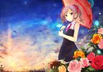  bad_id bad_pixiv_id flower hair_ribbon idolmaster idolmaster_cinderella_girls kanzaki_ranko langod moon necktie petals red_eyes ribbon sky sleeveless smile solo star_(sky) umbrella 