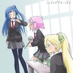  blue_hair chopsticks clenched_teeth cosplay food hair_ornament hair_ribbon hairclip haruno_sakura hyuuga_hinata kazanari_tsubasa kazanari_tsubasa_(cosplay) long_sleeves lowres mizuki_nana multiple_girls naruto naruto_(series) necktie o_o one_side_up pantyhose pink_hair ponytail profile ribbon seiyuu_connection senki_zesshou_symphogear sigekitti skirt standing surprised sweater teeth text_focus translation_request uniform upper_body yamanaka_ino 