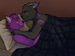  anthro bed black_fur black_nose blanket blue_tongue canine couple cute duo eyes_closed fur hair horn hug licking love mammal purple_fur purple_hair purple_nose romantic solarbyte tongue unknown_species 