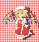  ascot bad_id bad_pixiv_id blonde_hair bow checkered checkered_background fang flandre_scarlet hand_on_thigh hat hat_ribbon heart kneeling looking_at_viewer mob_cap open_mouth puffy_sleeves red_eyes ribbon shadow short_hair short_sleeves skirt slit_pupils solo soumi_(soumi9357) touhou vest wings 