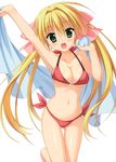  :d absurdres arm_up bikini blonde_hair blush breasts cleavage copyright_request green_eyes highres large_breasts long_hair moribe_(rabumanyo) navel open_mouth polka_dot polka_dot_bikini polka_dot_swimsuit shiny shiny_skin simple_background smile solo swimsuit thigh_gap towel very_long_hair 