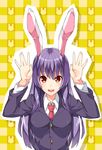  animal_ears bunny_ears highres long_hair necktie open_mouth purple_hair red_eyes red_neckwear reisen_udongein_inaba shirousagi_uyu smile solo touhou upper_body 