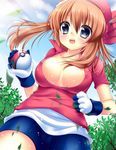  1girl areola_slip areolae artist_request bandanna bike_shorts blue_eyes breasts brown_hair cameltoe cleavage gloves haruka_(pokemon) highres medium_hair nenekoneko poke_ball pokemon pokemon_(game) pokemon_rse suzuki_ne_ne twintails 