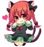  animal_ears bad_id bad_pixiv_id blush bow braid cat_ears cat_tail chibi dress fang green_dress hair_bow heart jumping kaenbyou_rin long_sleeves looking_at_viewer multiple_tails nekomata open_mouth red_eyes red_hair shikito simple_background smile solo tail touhou twin_braids white_background 