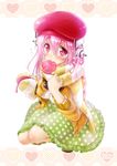  artist_name blush candy dress flying_sweatdrops food hat headphones heart highres lollipop looking_at_viewer mouth_hold nail_polish nitroplus okitakung pink_eyes pink_hair polka_dot polka_dot_dress scarf simple_background solo squatting striped striped_scarf super_sonico sweatdrop white_background 