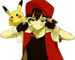  baseball_cap black_hair fingerless_gloves gen_1_pokemon gloves hat male_focus pikachu pokemon pokemon_(creature) pokemon_(game) pokemon_rgby red_(pokemon) red_(pokemon_rgby) tomtomjm 