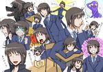  &gt;_&lt; 1boy :d ;d =_= \o/ ^_^ arms_up black_hair blazer chair chin_rest clenched_teeth closed_eyes creature desk double_v gym_uniform happy imagining jacket kotoura-san male_focus manabe's_daydream_creature manabe_yoshihisa necktie one_eye_closed open_mouth outstretched_arms school_uniform sitting smile solo teeth tomatomatotto translation_request turn_pale v wolf 
