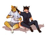  anthro beard brown_fur brown_hair canine clothing cute duo eyes_closed facial_hair fox fur grey_eyes hair hair_ruffling happy male mammal open_mouth orange_fur plain_background shirt smile solarbyte teeth transparent_background yellow_fur 