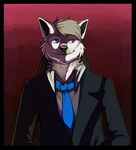  black_nose blue_eyes canine clothing fancy_clothes fur grey_fur grey_hair hair male mammal smile solarbyte solo stormy_outerland white_fur wolf 
