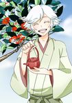  happy japanese_clothes kamisama_hajimemashita male male_focus mizuki_(kamisama_hajimemashita) short_hair solo teapot traditional_clothes tree white_hair 