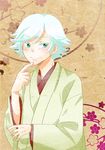  flower green_eyes japanese_clothes kamisama_hajimemashita male male_focus mizuki_(kamisama_hajimemashita) short_hair solo traditional_clothes white_hair 