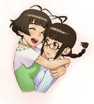  akizuki_ritsuko akizuki_ryou antenna_hair blush breast_press breasts brown_eyes brown_hair closed_eyes genderswap genderswap_(mtf) glasses hug idolmaster idolmaster_(classic) idolmaster_dearly_stars long_hair medium_breasts multiple_girls open_mouth short_hair smile wata_do_chinkuru 