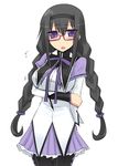  :o akemi_homura alternate_breast_size black_hair black_legwear blush braid breast_lift breasts flying_sweatdrops glasses hairband kurakumo_nue large_breasts long_hair long_sleeves looking_at_viewer magical_girl mahou_shoujo_madoka_magica open_mouth pantyhose purple_eyes red-framed_eyewear scrunchie shirt simple_background skirt solo twin_braids very_long_hair white_background 