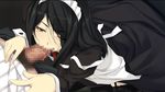  1girl black_eyes black_hair caucasus_nanatsuki_no_nie censored fellatio game_cg garter_belt innocent_grey kneeling long_hair looking_up maid maid_headdress minakami_narumi mole oral penis saliva standing sugina_miki thighhighs wink 