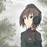  bad_id bad_pixiv_id bangs black_jacket brown_eyes brown_hair core_(mayomayo) dress_shirt garrison_cap girls_und_panzer hat headphones jacket kuromorimine_military_uniform long_sleeves military military_uniform nishizumi_maho red_shirt shirt short_hair solo throat_microphone uniform 