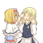  alice_margatroid blonde_hair blue_eyes blush braid closed_eyes hairband kirisame_marisa long_hair multiple_girls natsuk open_mouth poking_head short_hair touhou 