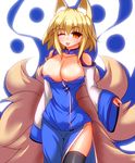  ;p alternate_costume animal_ears blonde_hair breasts china_dress chinese_clothes cleavage detached_sleeves dress fox_ears fox_tail large_breasts merry_(diameri) multiple_tails one_eye_closed short_hair smile solo tail tongue tongue_out touhou yakumo_ran yellow_eyes 