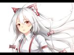  ahoge armband bow dress_shirt fujiwara_no_mokou hair_bow hidaka_kouyou injury letterboxed long_hair long_sleeves ofuda parted_lips red_eyes shirt simple_background smoke solo suspenders touhou upper_body white_background white_hair wind 