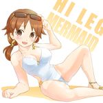  bad_id bad_pixiv_id brown_eyes brown_hair casual_one-piece_swimsuit eyewear_on_head highleg highleg_swimsuit highres idolmaster idolmaster_cinderella_girls katagiri_sanae long_hair lying on_side one-piece_swimsuit passion_marudashi short_twintails solo sunglasses swimsuit twintails 