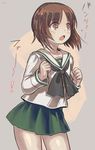  atozeraso bad_id bad_pixiv_id bangs blouse blush brown_eyes brown_hair girls_und_panzer green_skirt long_sleeves looking_to_the_side miniskirt neckerchief nishizumi_miho ooarai_school_uniform pleated_skirt school_uniform serafuku short_hair skirt solo standing translated white_blouse 