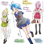  ahoge backpack bag blonde_hair blue_hair blush food food_in_mouth frown green_eyes hand_on_hip haruno_sakura hyuuga_hinata kneehighs knees_together_feet_apart late_for_school lowres mouth_hold multiple_girls naruto naruto_(series) ponytail running school_uniform serafuku short_hair sigekitti skirt smile standing sweat sweatdrop toast toast_in_mouth translation_request yamanaka_ino 