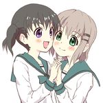  black_hair blush cheek-to-cheek green_eyes grey_hair holding_hands interlocked_fingers kuraue_hinata multiple_girls purple_eyes sanadafelix school_uniform short_hair smile twintails yama_no_susume yukimura_aoi 