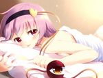  :p bed_sheet blush hairband heart komeiji_satori komone_ushio looking_at_viewer lying nude on_stomach pillow pillow_hug pink_eyes pink_hair solo third_eye tongue tongue_out touhou 