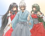  2girls absurdly_long_hair ahoge bare_shoulders breasts brown_hair choker cleavage collarbone cosplay detached_sleeves glasses green_eyes grey_eyes hair_tubes hakama hetero japanese_clothes kazami_yuuka kazami_yuuka_(pc-98) kimono large_breasts leotard locked_arms long_hair long_sleeves m.u.g.e.n michikusa_(roadksa) morichika_rinnosuke multiple_girls navel nontraditional_miko off_shoulder open_mouth original red_eyes red_hakama sendai_hakurei_no_miko sendai_hakurei_no_miko_(cosplay) silver_hair smile touhou touhou_(pc-98) turtleneck very_long_hair wavy_hair white_background wide_sleeves wrist_grab 