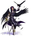  ars_goetia bird bird_on_hand black_wings boots feathers full_body gauntlets gloves kyousaku male_focus malphas_(mygrimoire) mygrimoire pants purple_hair rapier red_eyes shadow smile solo sword weapon white_background wings 
