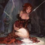  argyle bad_id bad_pixiv_id breasts choker cleavage hjl horns imminent_rape large_breasts legs long_hair maou_(maoyuu) maoyuu_maou_yuusha open_mouth red_eyes red_hair sword tears torn_clothes weapon 