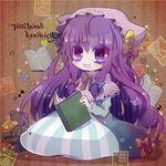  animal_ears aya-0w0 blue_dress book bow candy capelet cat_ears cat_tail character_name coat crescent dress food hair_bow hat heart kemonomimi_mode long_hair open_clothes open_coat open_mouth patchouli_knowledge postage_stamp purple_eyes purple_hair reading sitting smile solo striped striped_dress stuffed_animal stuffed_toy tail teddy_bear touhou very_long_hair 