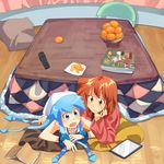  aizawa_eiko arm_around_waist blue_eyes blue_hair blush book bracelet brown_eyes brown_hair chin_rest controller dress food fruit hair_ornament hat ikamusume jewelry kikiki_(hiya_mikan) kotatsu long_hair lying mandarin_orange multiple_girls on_stomach open_mouth pillow remote_control shinryaku!_ikamusume short_hair smile table 