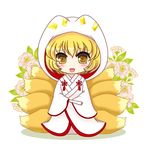  blonde_hair bride chibi closed_fan fan ferre flower folding_fan fox_tail hood japanese_clothes kimono leaf long_sleeves looking_at_viewer multiple_tails open_mouth short_hair simple_background sleeves_past_wrists solo tail touhou uchikake white_background wide_sleeves yakumo_ran yellow_eyes 