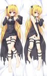  barefoot blonde_hair blush breasts dakimakura detached_sleeves konjiki_no_yami long_hair multiple_views nipples panties panty_pull red_eyes shirasu_youichi small_breasts thigh_strap to_love-ru to_love-ru_darkness underwear 